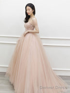 Pink  Off Shoulder Long Prom Dress, Pink Tulle Formal Evening Dress