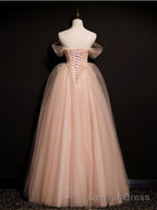 Pink Off Shoulder Long Prom Dress, Pink Tulle Prom Dresses