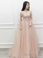 Pink Off Shoulder Long Prom Dress, Pink Tulle Prom Dresses