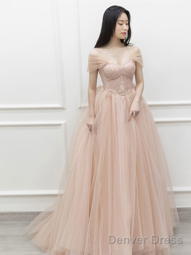 Pink Off Shoulder Long Prom Dress, Pink Tulle Prom Dresses