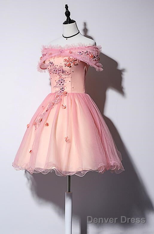 Pink Off Shoulder Lovely Tulle Lace Applique Prom Dress, Pink Homecoming Dress Prom Dresses Secondary image