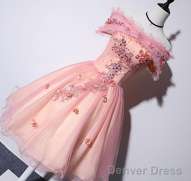 Pink Off Shoulder Lovely Tulle Lace Applique Party Dress, Pink Homecoming Dress Prom Dress