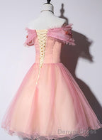 Pink Off Shoulder Lovely Tulle Lace Applique Party Dress, Pink Homecoming Dress Prom Dress