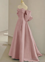 Pink Off Shoulder Satin Long Simple Prom Dress, Pink Satin Prom Dresses