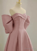 Pink Off Shoulder Satin Long Simple Prom Dress, Pink Satin Prom Dresses