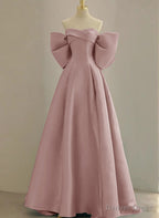 Pink Off Shoulder Satin Long Simple Prom Dress, Pink Satin Prom Dresses