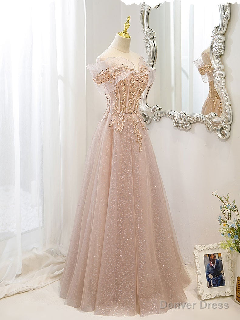 Pink Off Shoulder Shiny Tulle with Beaded and Lace Prom Dress, Pink Formal Dresses