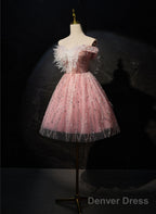 Pink Off Shoulder Shiny Tulle With Lace Party Dress, Pink Homecoming Dress Formal Dress