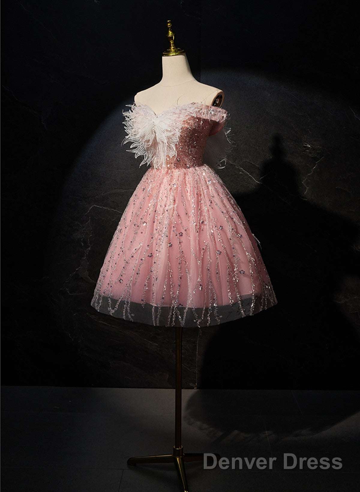 Pink Off Shoulder Shiny Tulle With Lace Party Dress, Pink Homecoming Dress Formal Dress