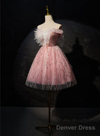 Pink Off Shoulder Shiny Tulle With Lace Prom Dress, Pink Homecoming Dress Prom Dresses