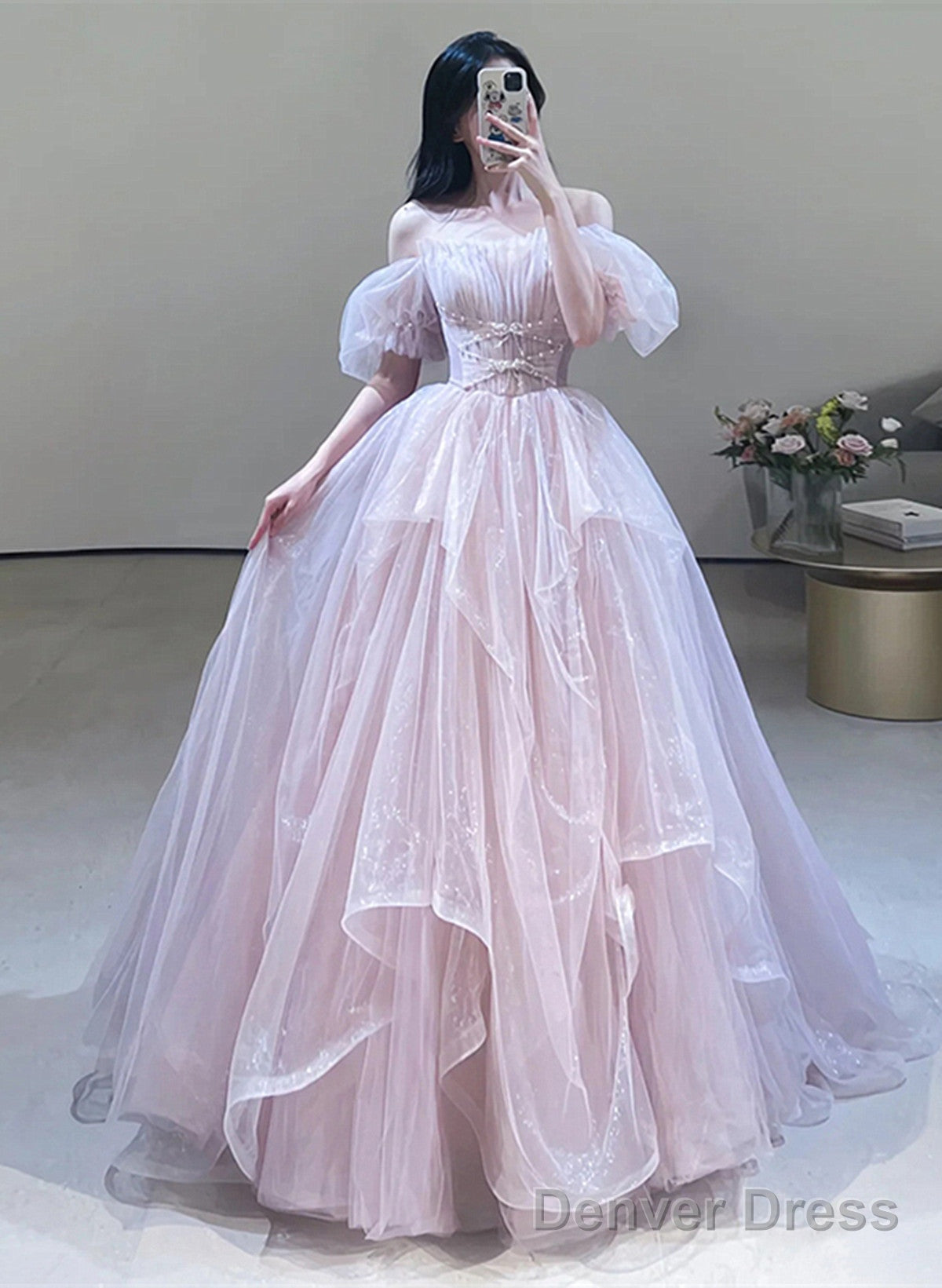 Pink Off Shoulder Tulle Beaded Sweetheart Prom Dress, Pink Tulle Prom Dress