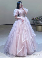 Pink Off Shoulder Tulle Beaded Sweetheart Prom Dress, Pink Tulle Prom Dress