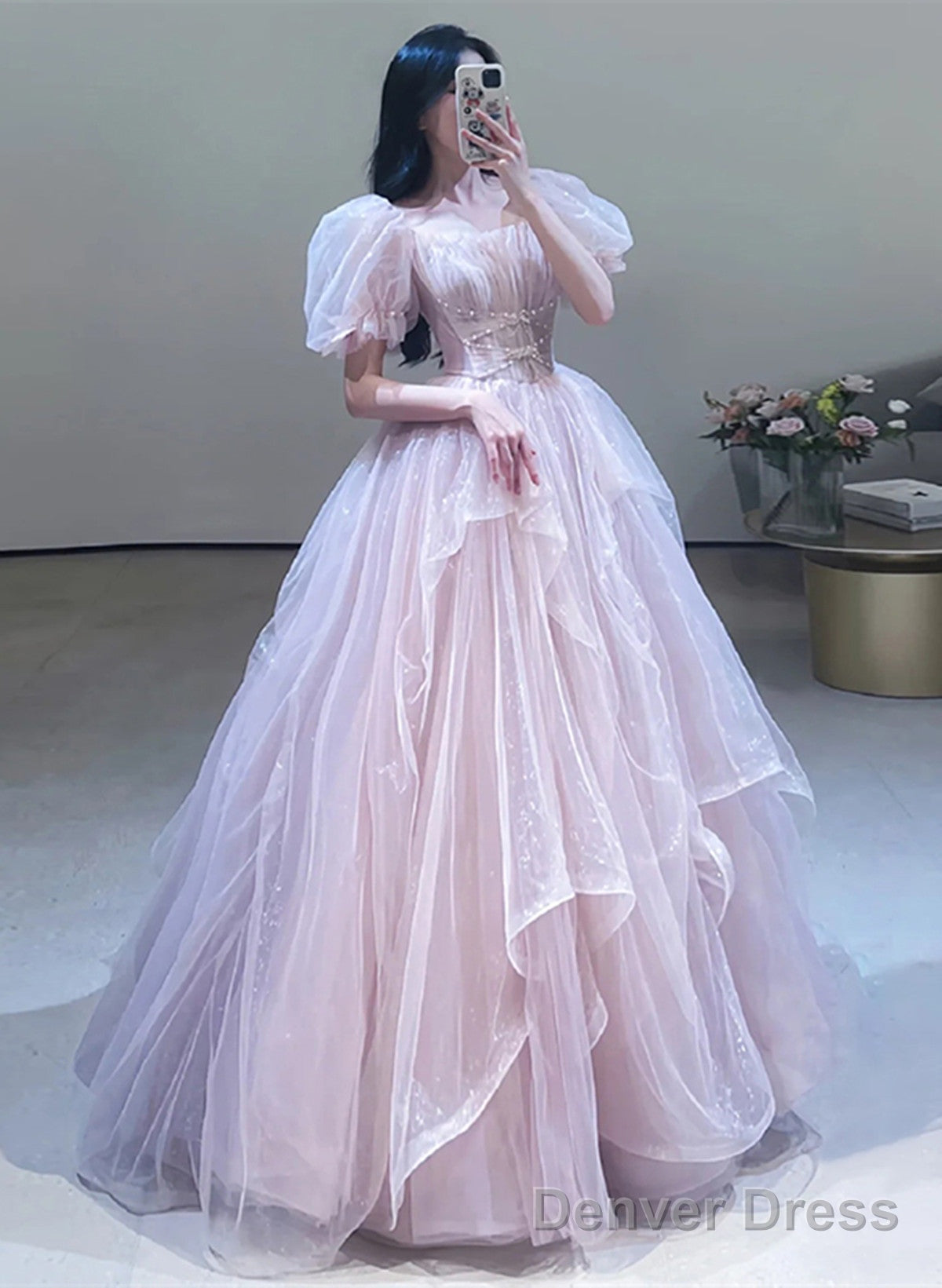 Pink Off Shoulder Tulle Beaded Sweetheart Prom Dress, Pink Tulle Prom Dress