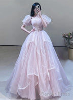 Pink Off Shoulder Tulle Beaded Sweetheart Prom Dress, Pink Tulle Prom Dress