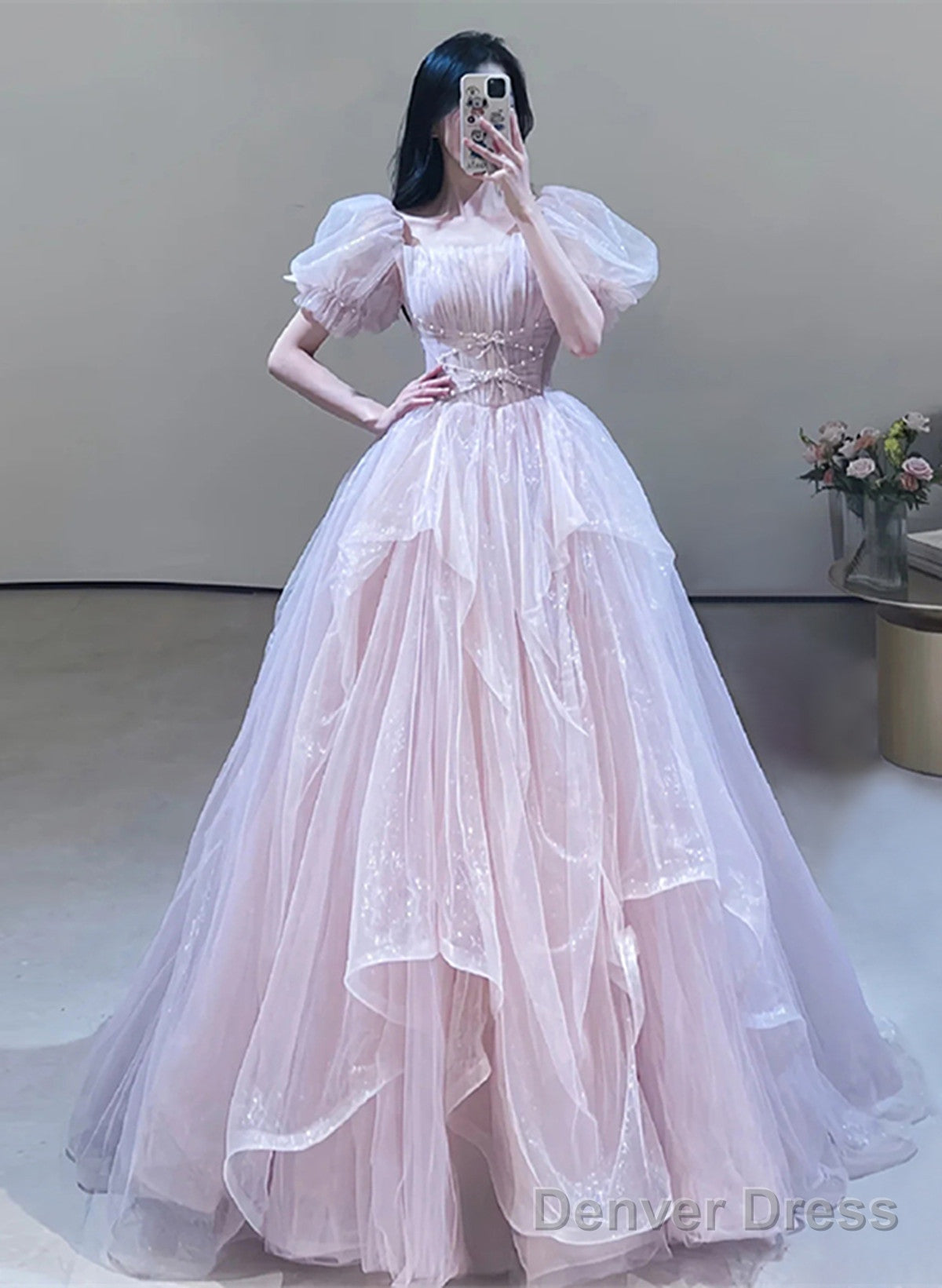 Pink Off Shoulder Tulle Beaded Sweetheart Prom Dress, Pink Tulle Prom Dress
