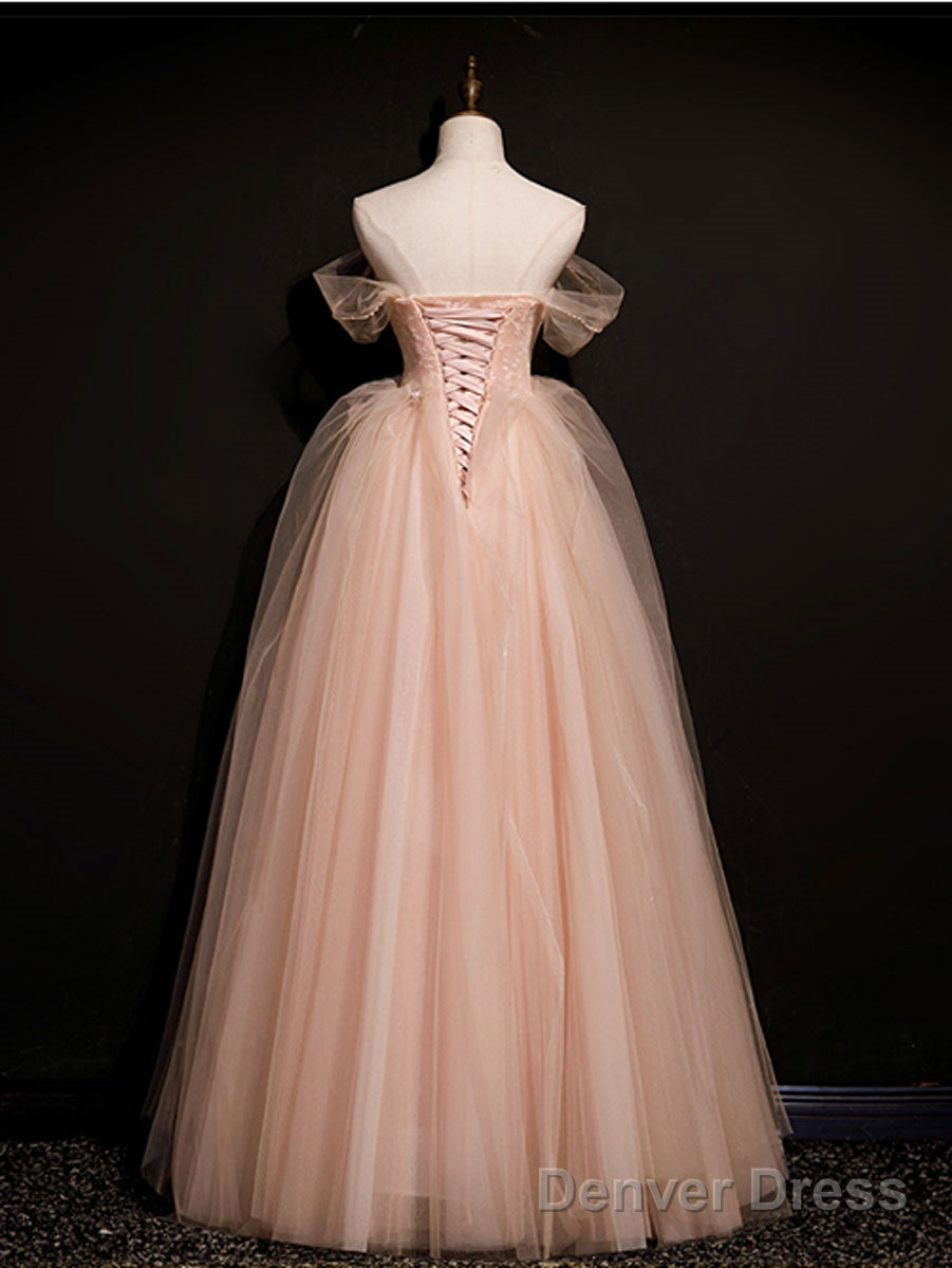 Pink Off Shoulder Tulle Lace Long Prom Dress, Pink Prom Dresses