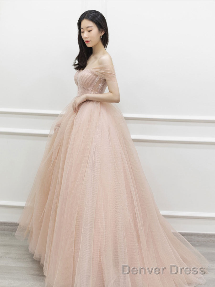 Pink Off Shoulder Tulle Lace Long Prom Dress, Pink Formal Dress