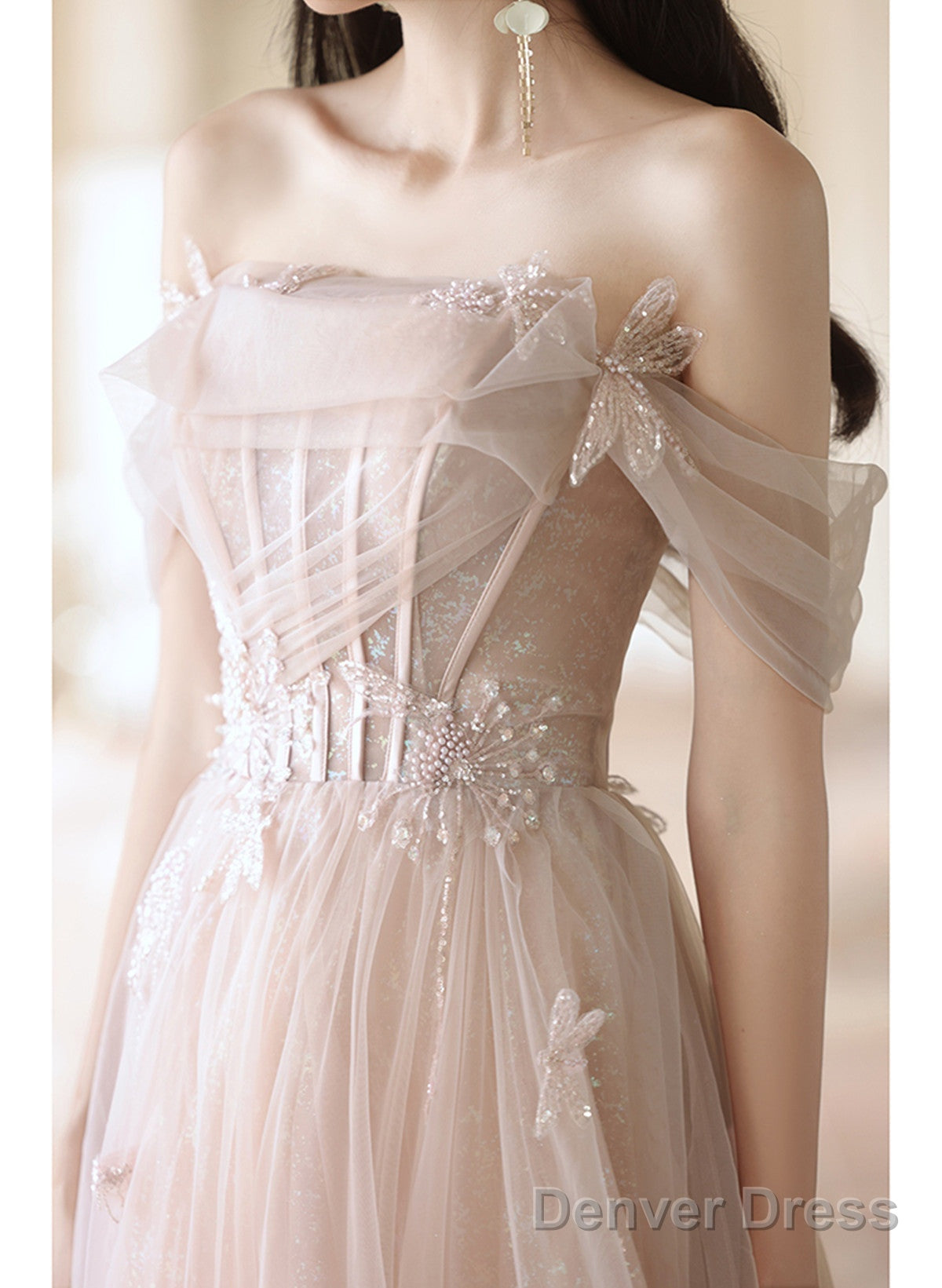 Pink Off Shoulder Tulle Long Formal Dress, Off Shoulder Pink Long Prom Dress Secondary image