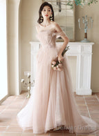 Pink Off Shoulder Tulle Long Prom Dress, Off Shoulder Pink Long Prom Dresses
