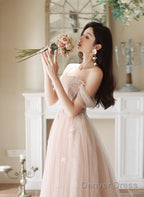 Pink Off Shoulder Tulle Long Formal Dress, Off Shoulder Pink Long Prom Dress