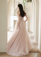 Pink Off Shoulder Tulle Long Prom Dress, Off Shoulder Pink Long Prom Dresses