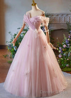 Pink Off Shoulder Tulle Long Formal Dress, Pink A-Line Prom Dress