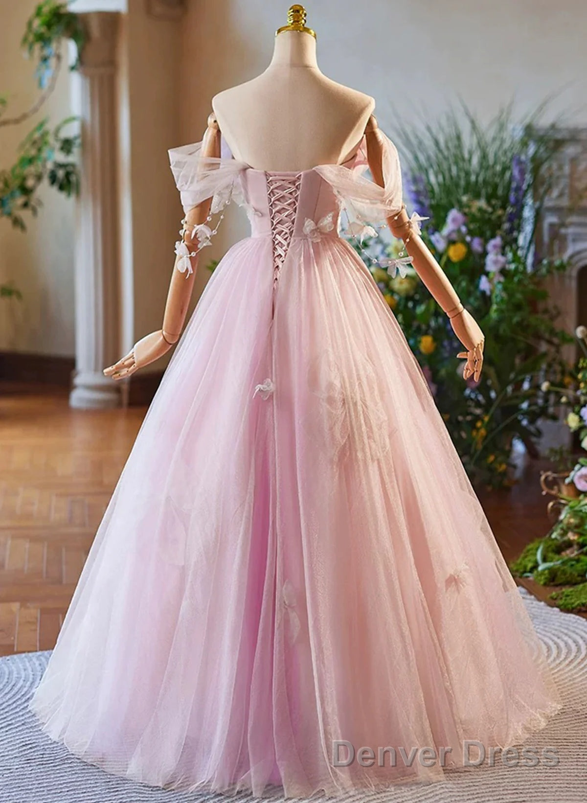 Pink Off Shoulder Tulle Long Prom Dress, Pink A Line Prom Dresses