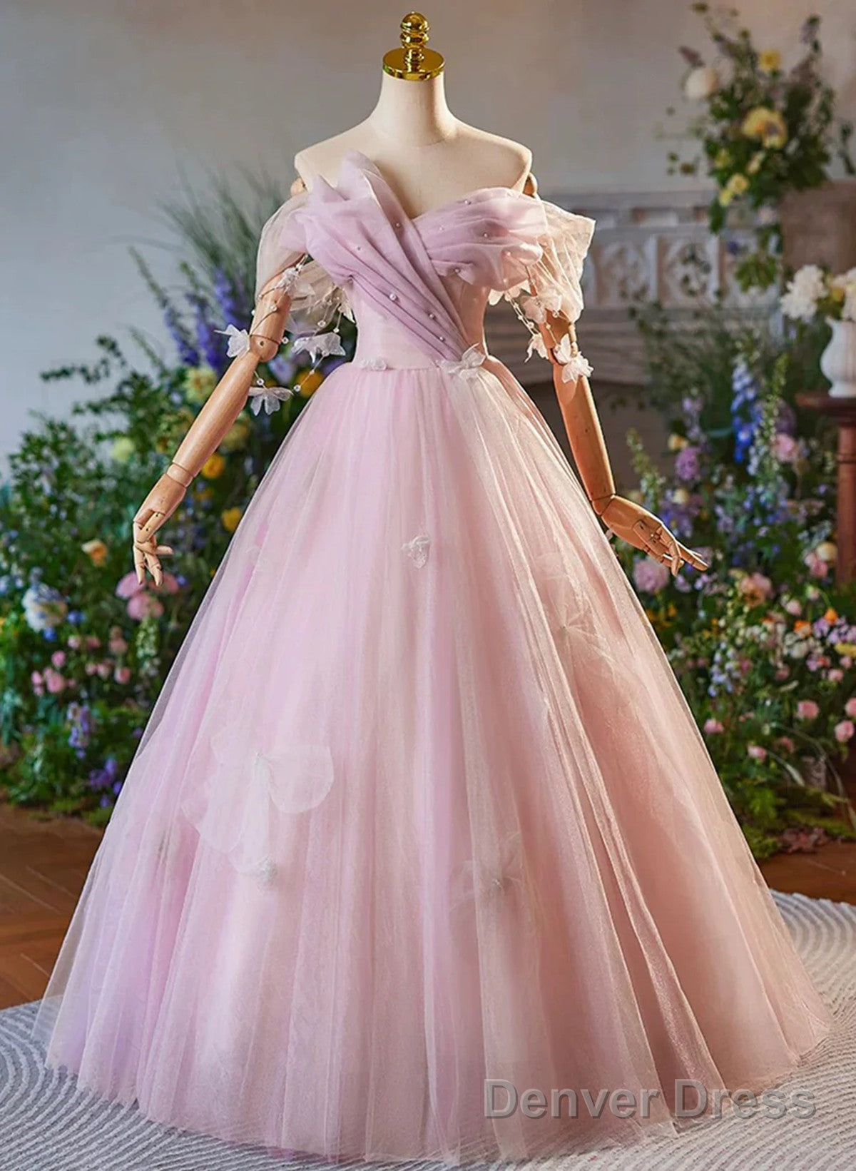 Pink Off Shoulder Tulle Long Formal Dress, Pink A-Line Prom Dress