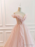 Pink Off Shoulder Tulle Long Prom Dress, Pink A Line Tulle Graduation Dresses