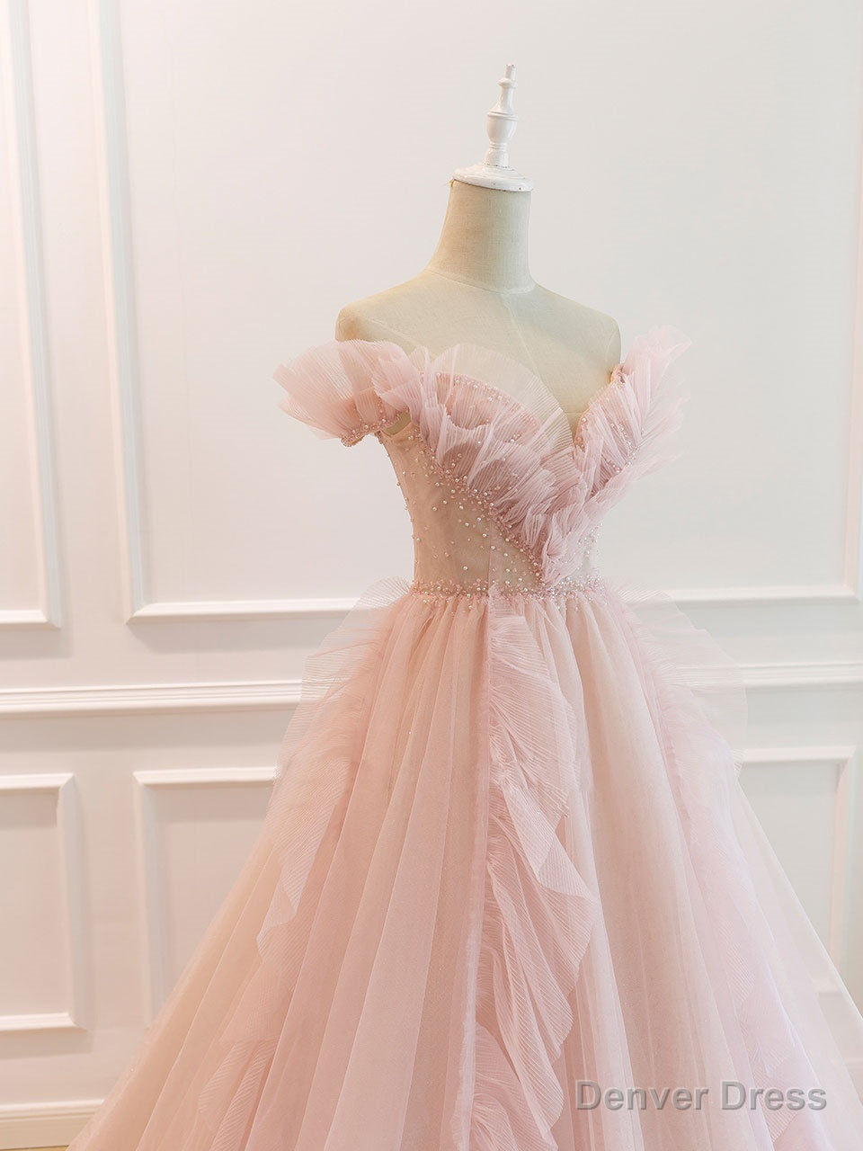 Pink Off Shoulder Tulle Long Prom Dress, Pink A Line Tulle Graduation Dresses