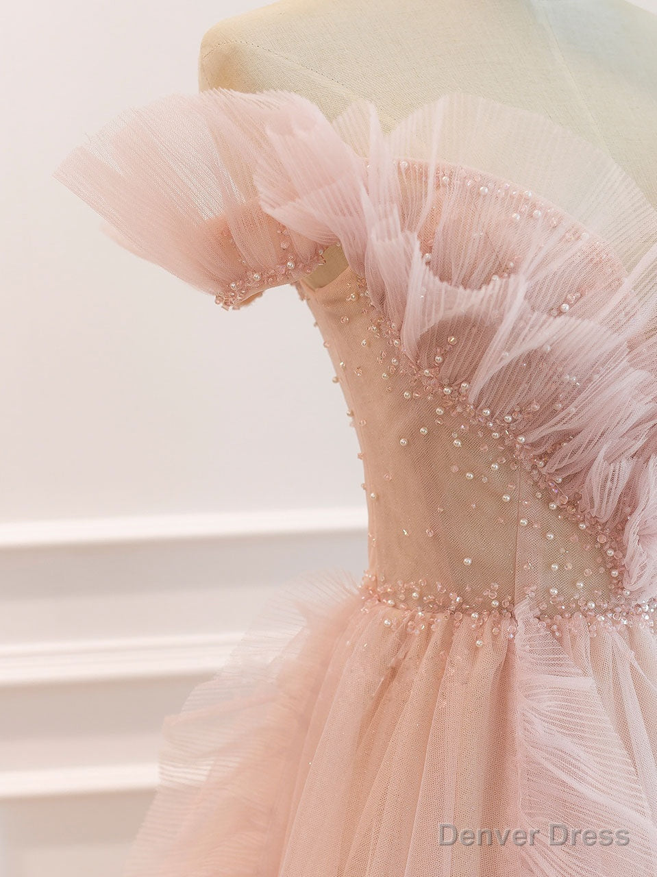 Pink Off Shoulder Tulle Long Prom Dress, Pink A Line Tulle Graduation Dresses