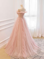 Pink Off Shoulder Tulle Long Prom Dress, Pink A Line Tulle Graduation Dresses