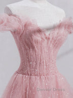 Pink off shoulder tulle sequin long prom Dress, pink Prom Dresses