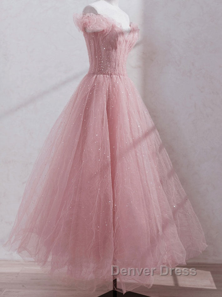 Pink off shoulder tulle sequin long prom Dress, pink Prom Dresses