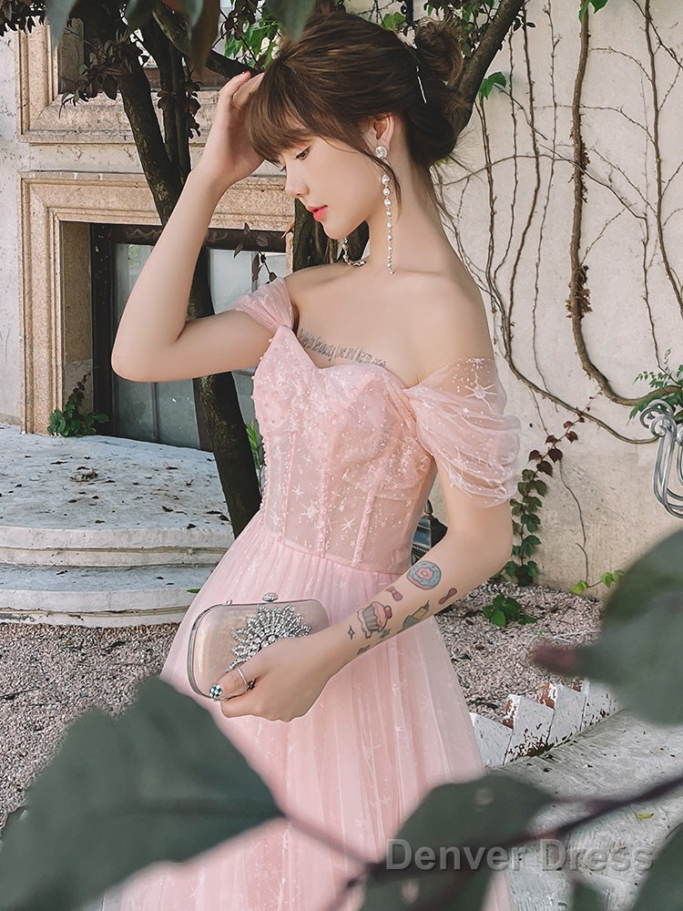 Pink Off Shoulder Tulle Simple A-Line Prom Dress, Pink Prom Gowns Secondary image