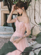 Pink Off Shoulder Tulle Simple A-Line Prom Dress, Pink Prom Gowns