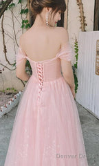 Pink Off Shoulder Tulle Simple A-Line Prom Dress, Pink Prom Gowns