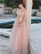 Pink Off Shoulder Tulle Simple A-Line Prom Dress, Pink Prom Gowns