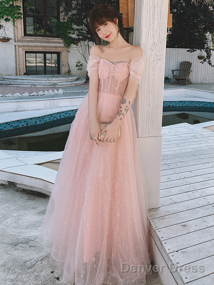 Pink Off Shoulder Tulle Simple A-Line Prom Dress, Pink Prom Gowns