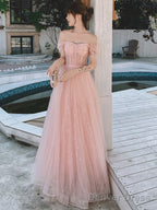 Pink Off Shoulder Tulle Simple A-Line Prom Dress, Pink Prom Gowns