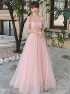 Pink Off Shoulder Tulle Simple A-Line Prom Dress, Pink Prom Gowns