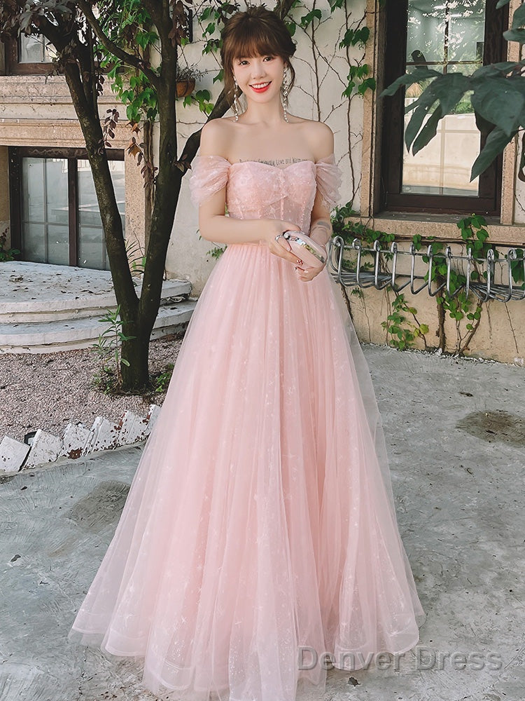Pink Off Shoulder Tulle Simple A-Line Prom Dress, Pink Prom Gowns