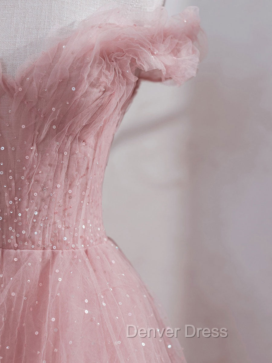 Pink Off Shoulder Tulle Tea Length Prom Dress, Pink Tulle Prom Dresses