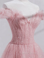 Pink Off Shoulder Tulle Tea Length Prom Dress, Pink Tulle Prom Dresses