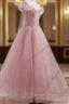 Pink Off Shoulder Tulle Tea Length Prom Dress, Pink Tulle Prom Dresses