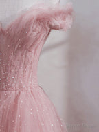 Pink Off Shoulder Tulle Tea Length Prom Dress,Pink Tulle Wedding Prom Dresses