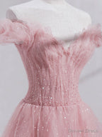 Pink Off Shoulder Tulle Tea Length Prom Dress,Pink Tulle Wedding Prom Dresses