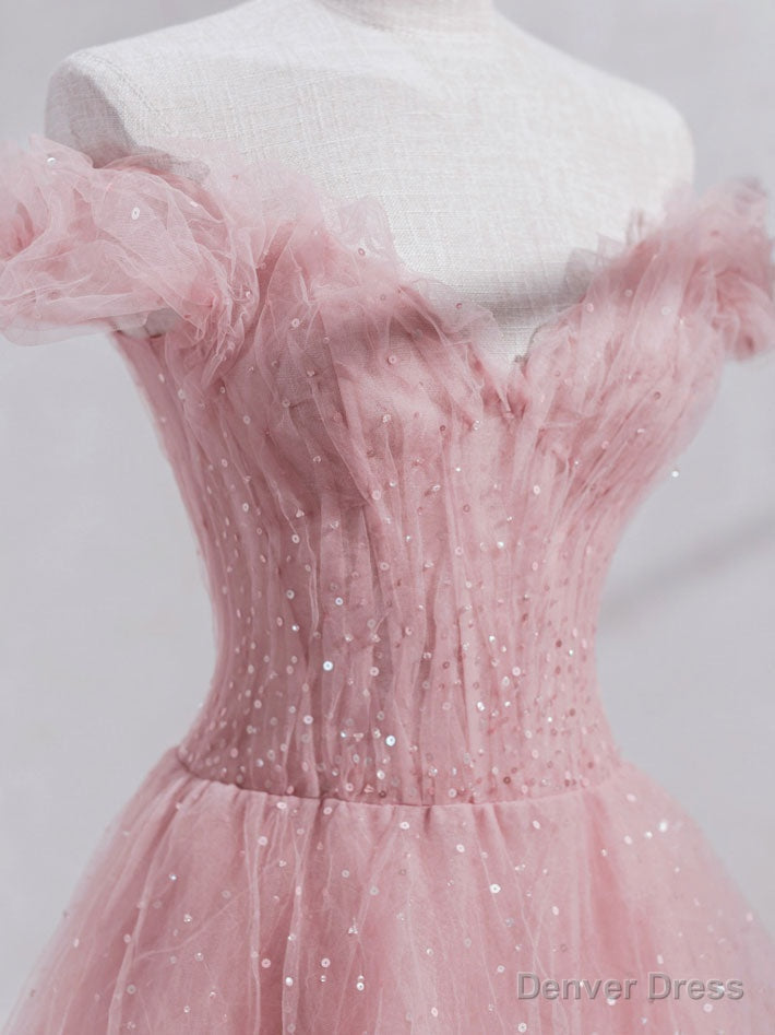 Pink Off Shoulder Tulle Tea Length Prom Dress,Pink Tulle Wedding Prom Dresses