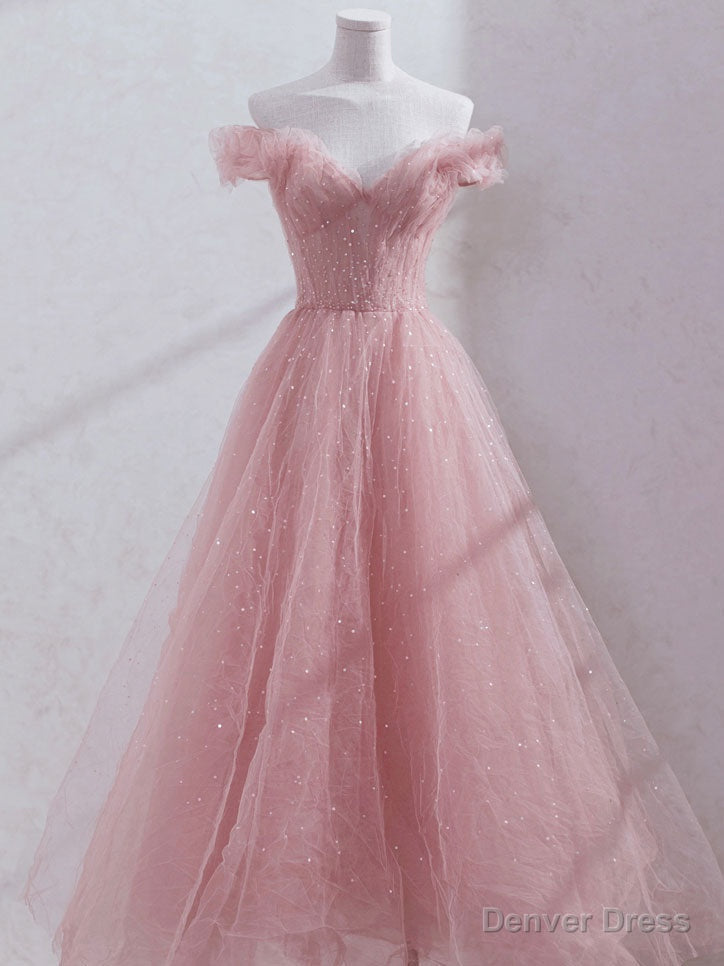 Pink Off Shoulder Tulle Tea Length Prom Dress, Tulle Prom Dresses Main image