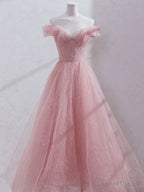 Pink Off Shoulder Tulle Tea Length Prom Dress, Tulle Prom Dresses